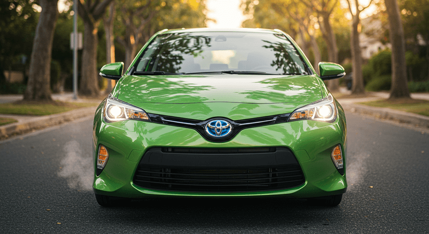 緑色のハイブリッド車がエンジンかけっぱなしで駐車している画像