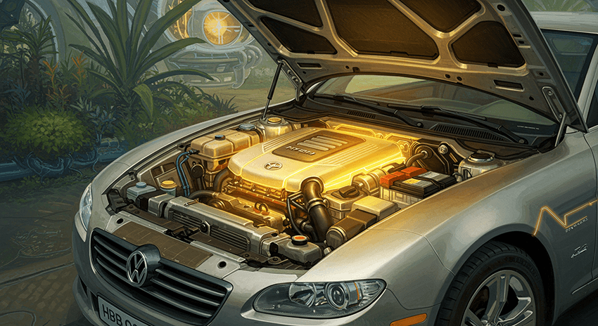 ボンネットを開けたハイブリッド車の画像