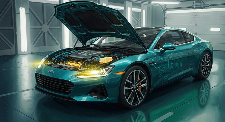 ボンネット和開いた緑色のスポーティなハイブリッド車の画像