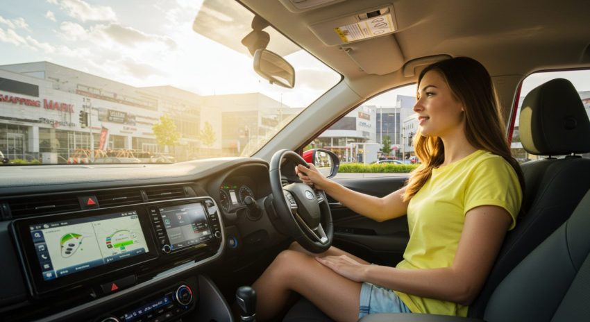 ハイブリッド車を運転する女性の画像
