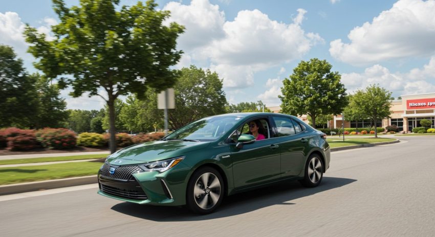 ハイブリッド車にのって買い物に向かう女性の画像