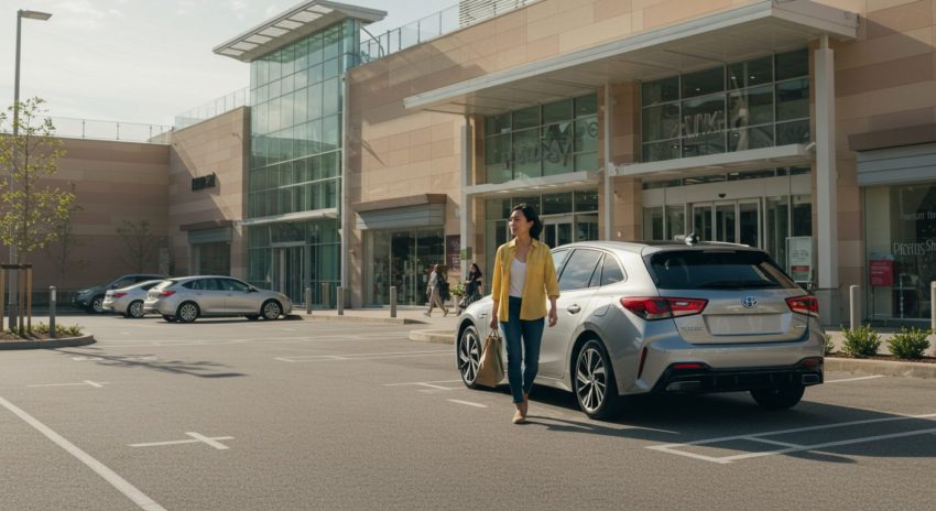 シルバー色のハイブリッド車に乗って買い物に来た女性の画像