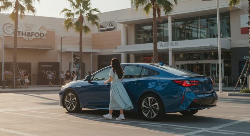 ハイブリッド車で買い物に来た女性の画像