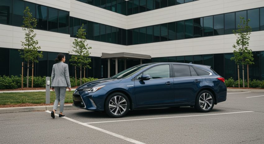ハイブリッド車にのって会社に来た女性の画像