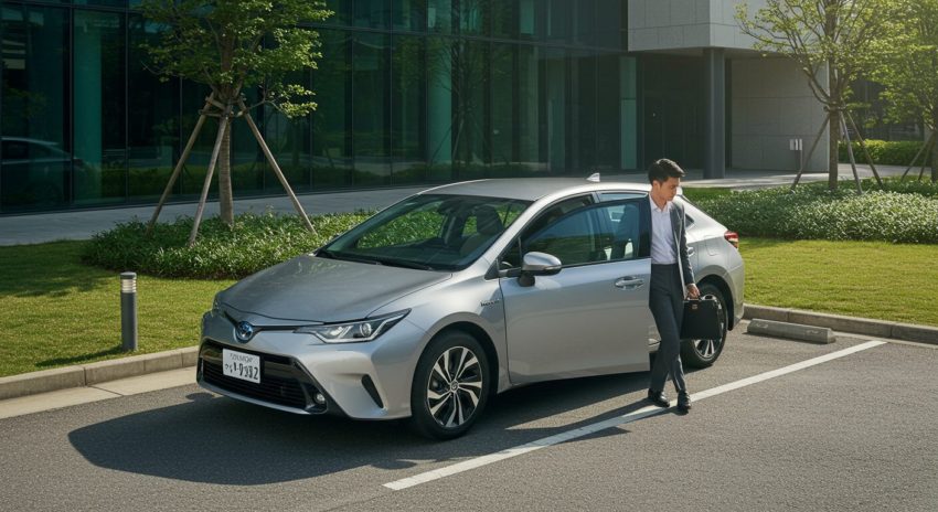 シルバーのハイブリッド車にのって会社に来た男性の画像