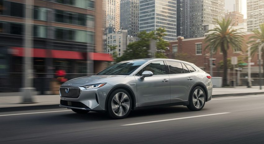 ハイブリッド車が街中を走る画像