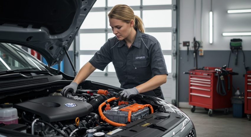 ハイブリッド車のバッテリー上がりを修理する女性作業員の画像