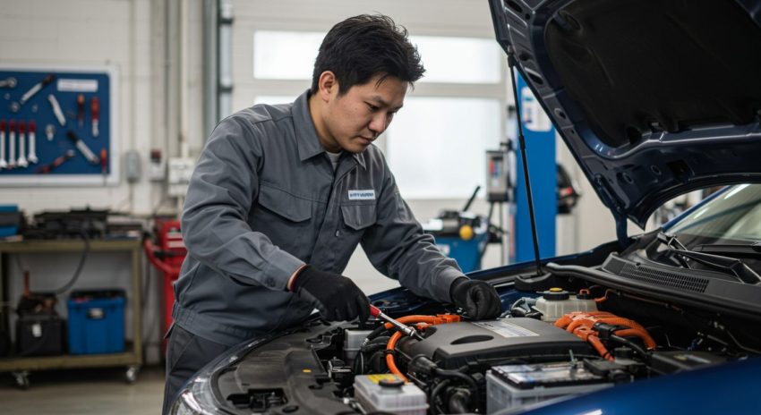 ハイブリッド車のバッテリー上がりを修理するプロの画像