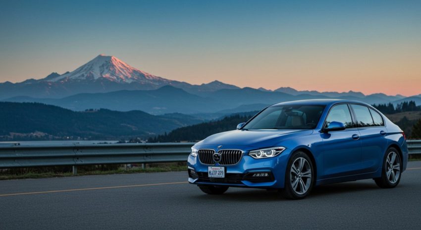 富士山を背景に青いハイブリッド車が止まっている画像