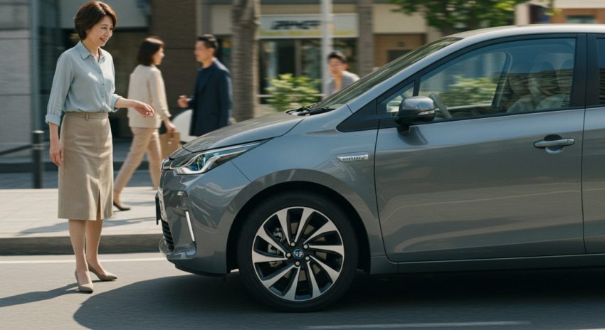 ハイブリッド車から発生する音に気づいた女性の画像