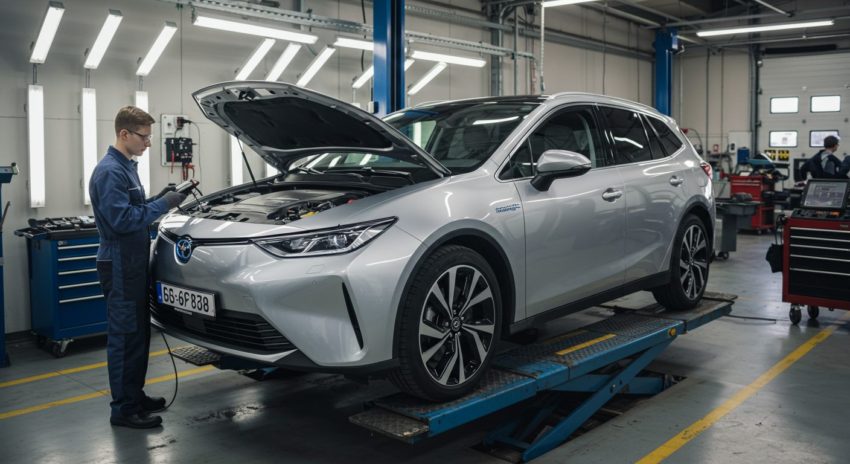 ハイブリッド車を整備する画像