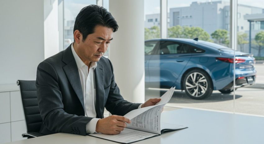 車検証を見てハイブリッド車が確認している男性の画像