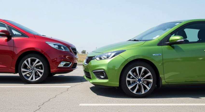 ハイブリッド車と普通の自動車が並んでいる画像