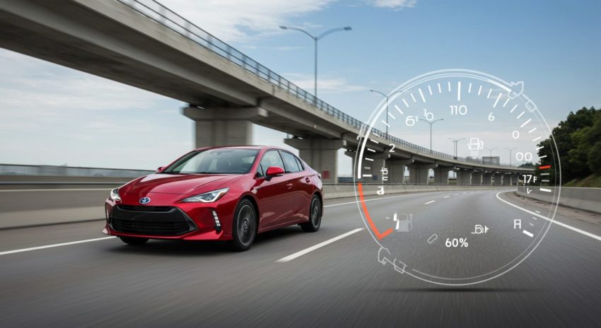 赤いハイブリッド車の画像