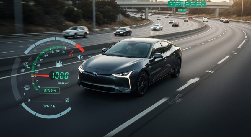 黒いハイブリッド車が高速道路を走っている画像