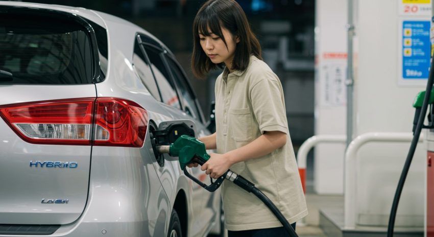レギュラーガソリンを入れる日本人女性の画像