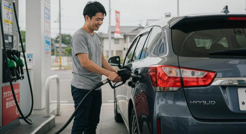 レギュラーガソリンを入れる日本人男性の画像