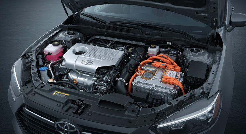 ハイブリッド車のボンネット内部の画像