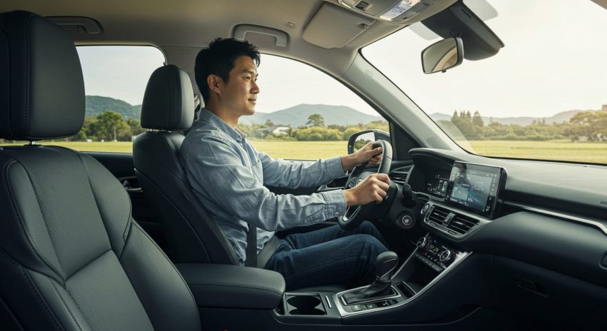 ハイブリッド車を快適に運転する男性の画像