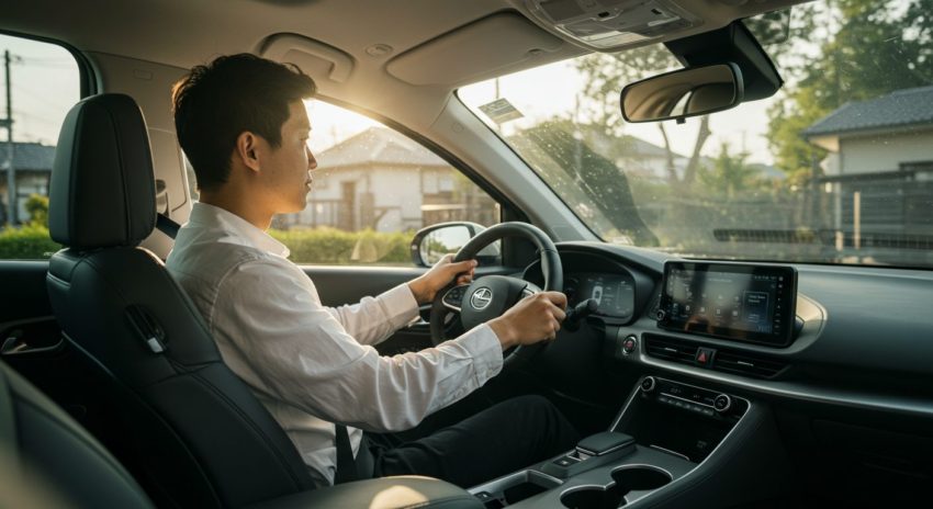 ハイブリッド車を運転する男性の画像