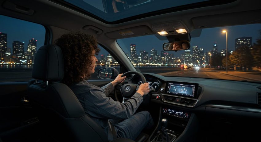 夜にハイブリッド車を運転する画像