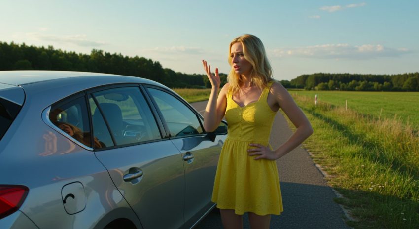 ハイブリッド車がガス欠を起こして悩んでいる女性の画像