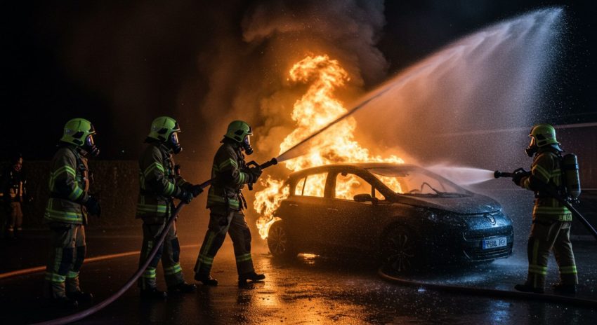 消火中の電気自動車の画像