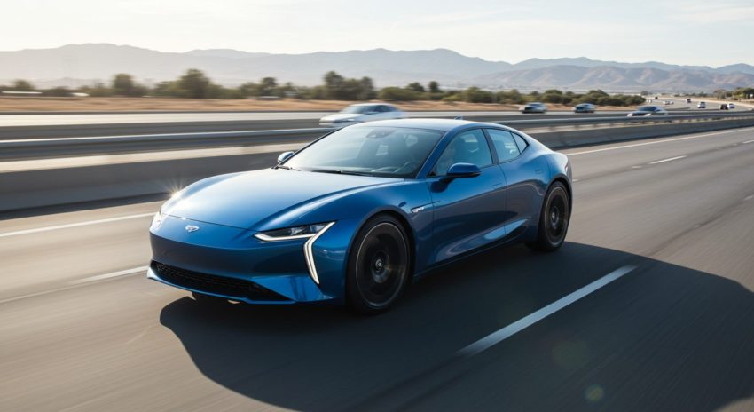 高速道路を走るハイブリッド車の画像