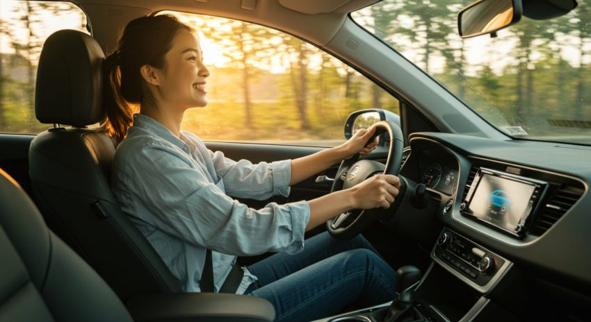 ハイブリッド車を楽しそうに運転する女性の画像
