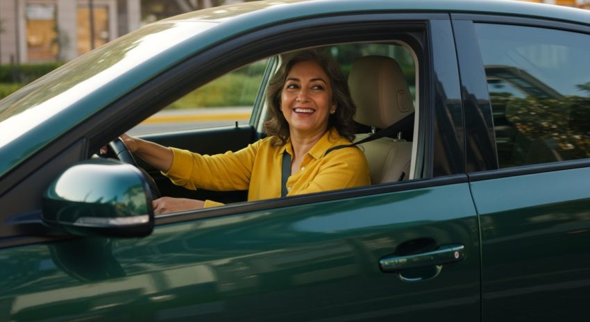 ハイブリッド車に乗って買い物に行く女性の画像