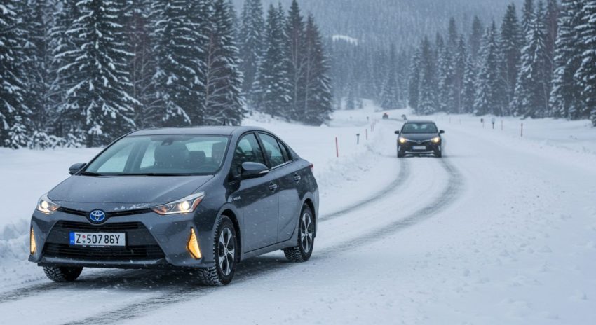 雪道を走るハイブリッド車の画像