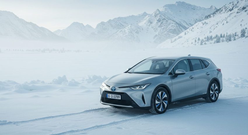 極寒のなか停車しているハイブリッド車の画像