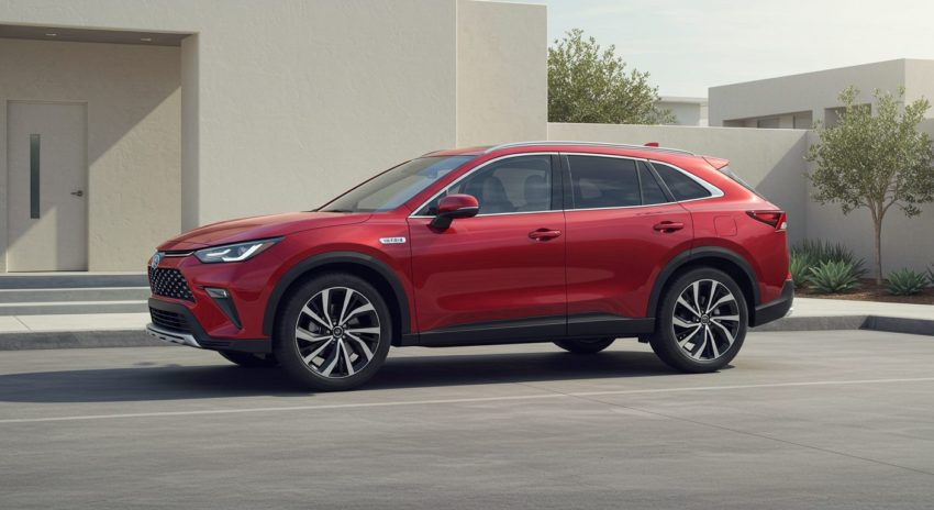 赤色のハイブリッド車の画像