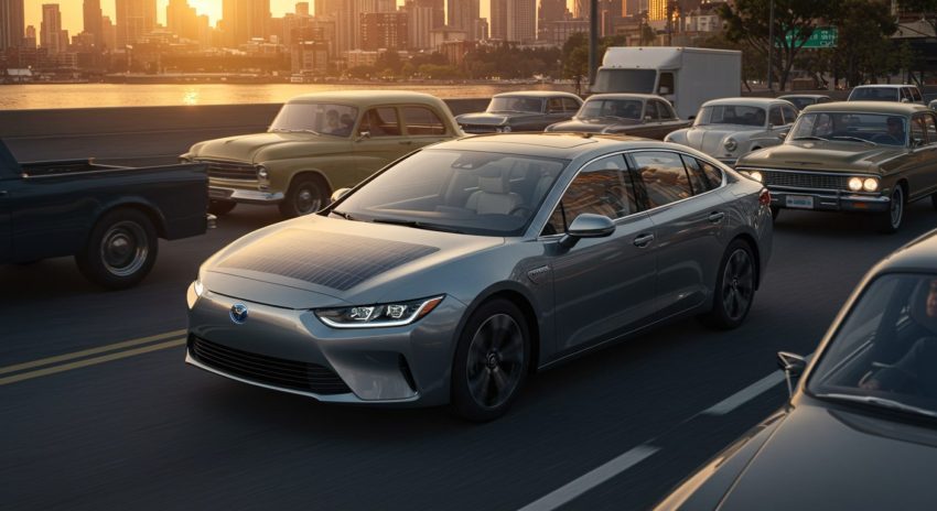 街中の車で混んでいるなかを進むハイブリッド車の画像