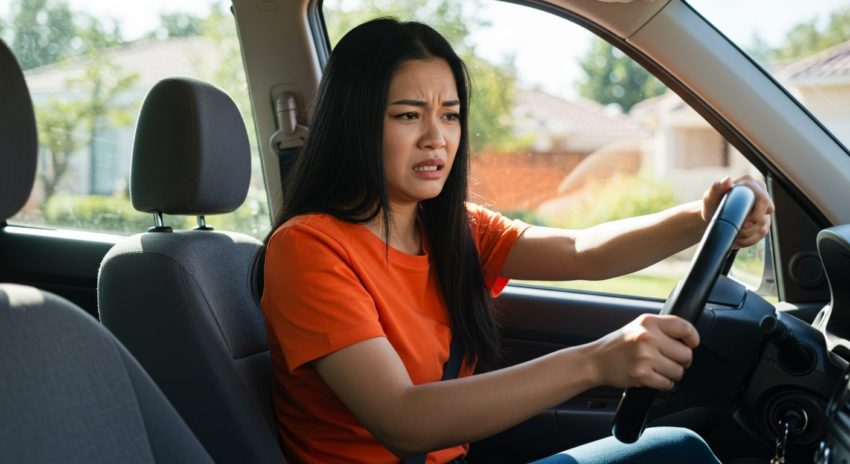 ブレーキからの異音に不快な顔をする女性の画像