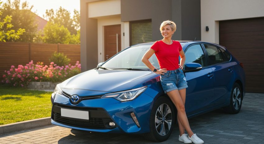 ハイブリッド車の前に立つ女性の画像