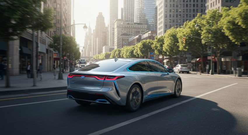 街中を走るハイブリッド車の背面画像