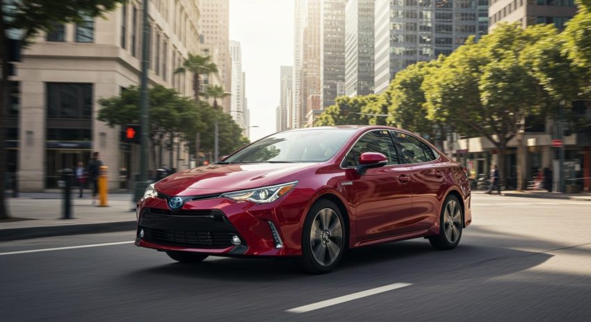 街中を走る赤色のハイブリッド車の画像