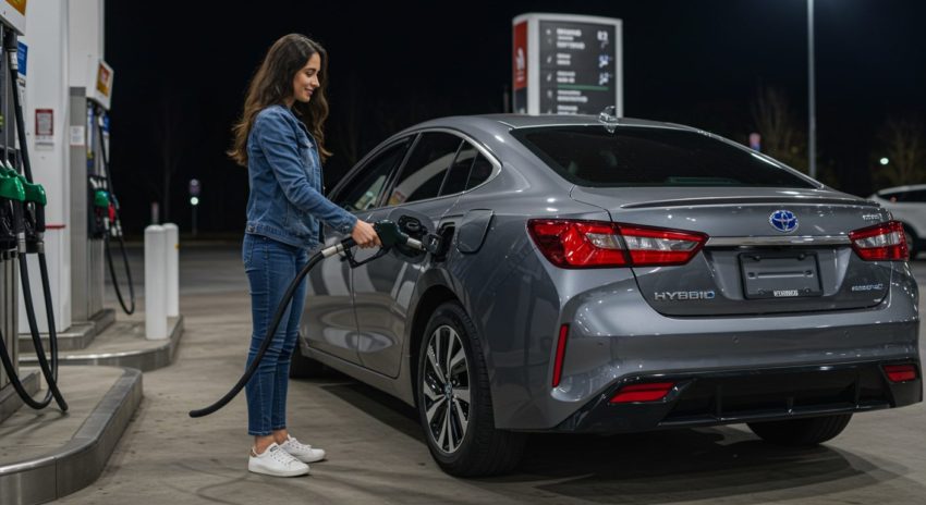ハイブリッド車にレギュラーガソリンを入れる女性の画像