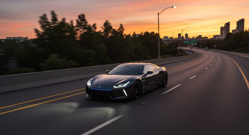 夜のハイウェイを疾走するハイブリッド車の画像