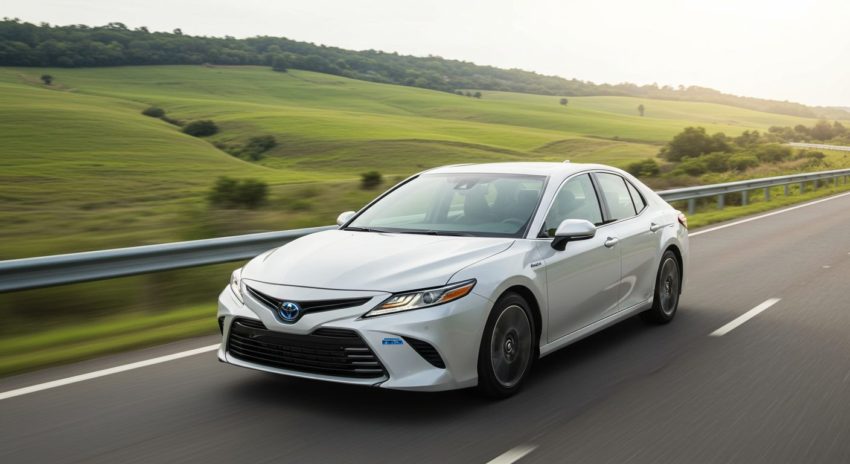 高速道路を走る白いハイブリッド車の画像