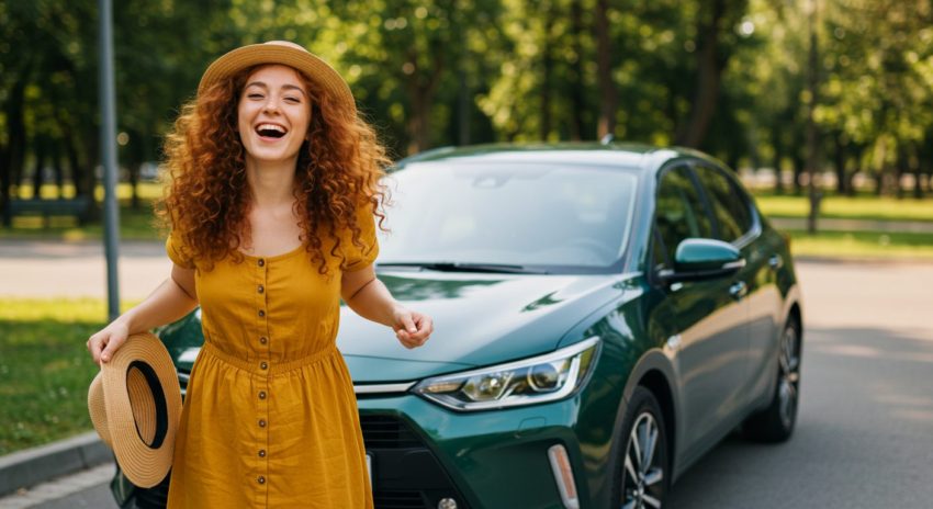 ハイブリッド車の前で笑う女性の画像