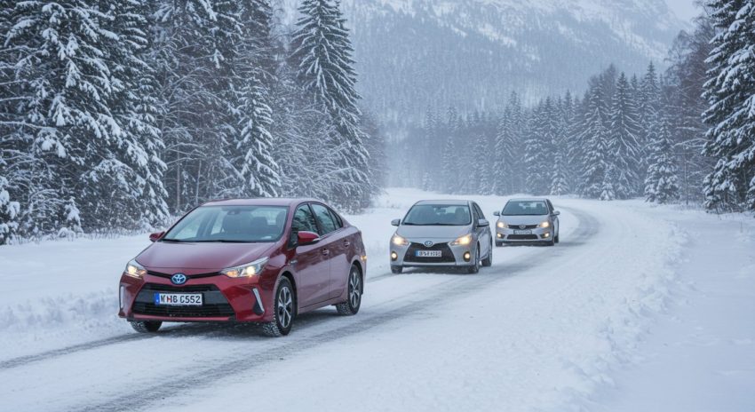 雪道を走るハイブリッド車の画像