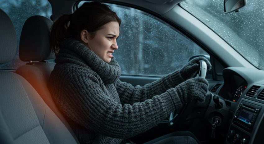 冬の朝、寒さをこらえて運転する女性の画像