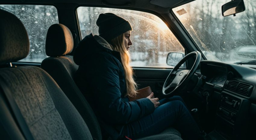 真冬の朝に寒そうに車に乗り込む女性の画像