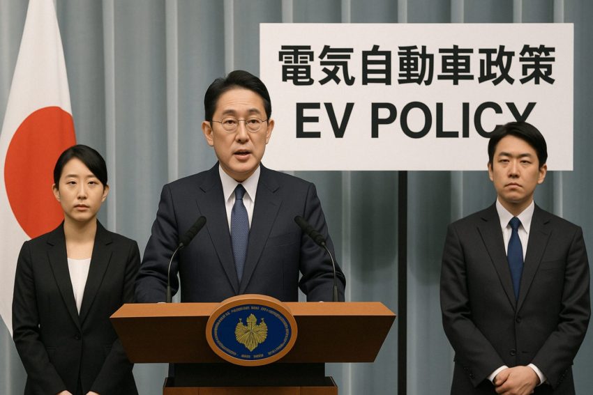 日本政府のEV政策に関する記者会見、演台に立つ官僚たち