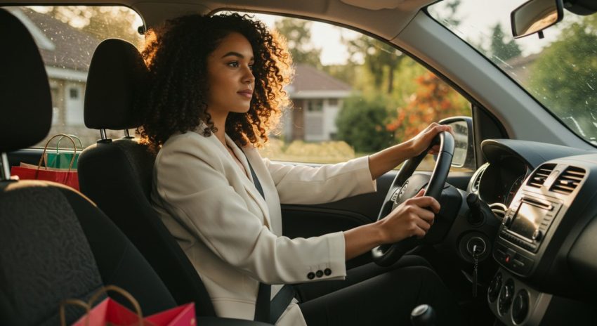 ガソリン車に乗って買い物に行く女性の画像