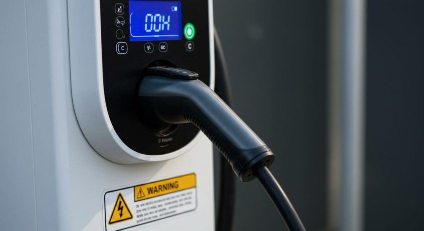 医療機器使用者向けの注意喚起サインがあるDC急速充電器のクローズアップ