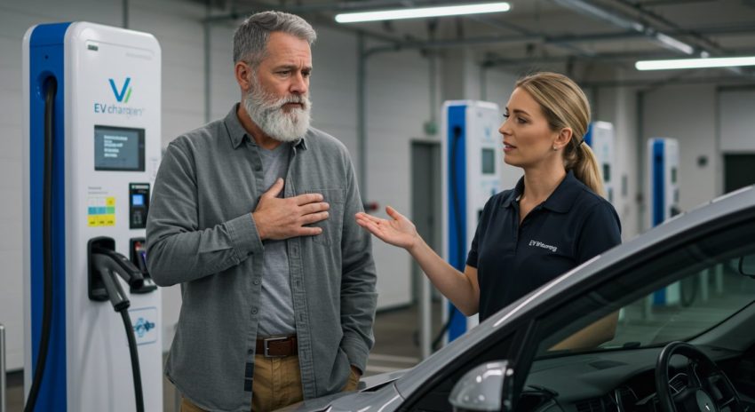 ペースメーカー対策のため、他者に充電操作を依頼する人物