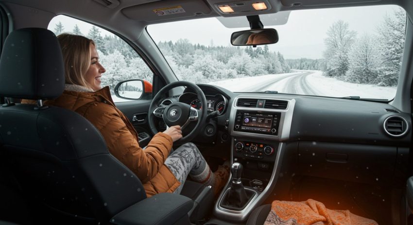 冬道を暖房が効いた車内で快適に運転する女性の画像